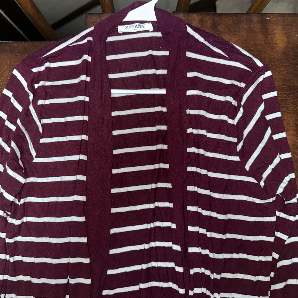 Zenana Outfitters Burgundy and White Striped Cardigan
